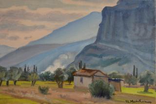 Nemea Landscape with Cliffs and Smoke — Oil painting, Canvas, 38.00×55.00cm — Theodoros Markellos